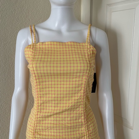 Wild Fable Double Ruched Front Gingham Plaid Yellow and Pink mini Dress - M - Picture 2 of 10